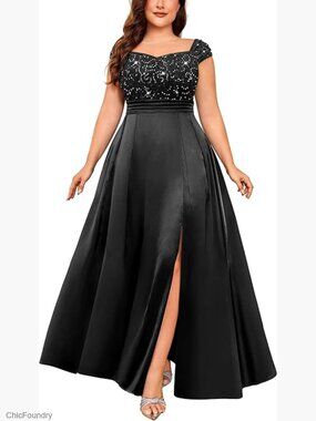 Plus Size Sequin Lace Off Shoulder Satin Slit Prom Evening Dress Formal Gown